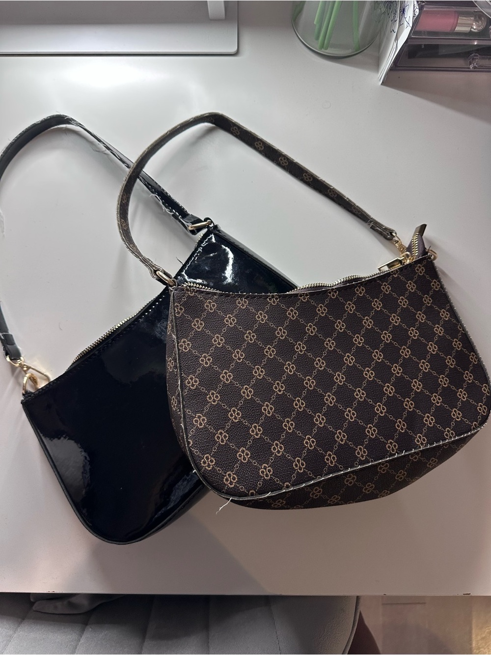 SHEIN Brown Patterned Shoulder Bag with Black Patent Pouch
